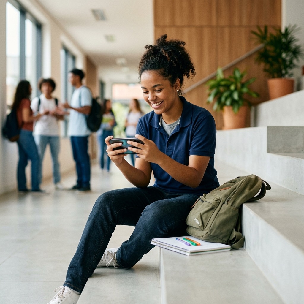 Aluna sorrindo enquanto usa o app da plataforma no celular